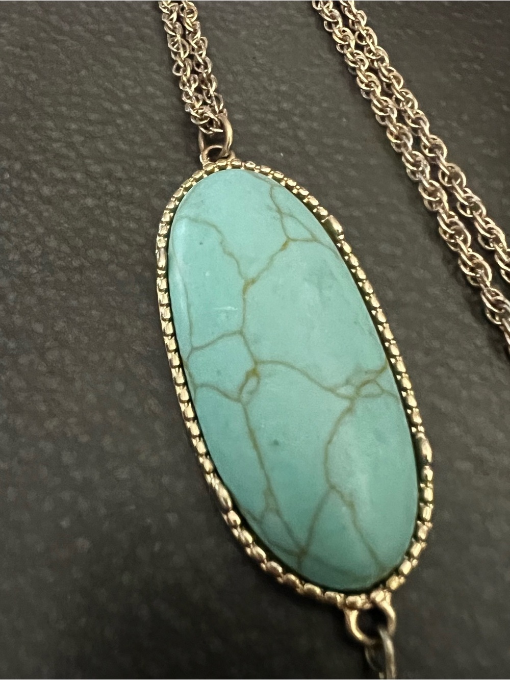 Turquoise Oval Stone Pendant Necklace - Gold Tone